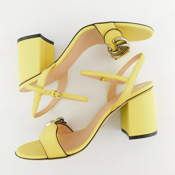 GUCCI GG Logo Sunflower Yellow Leather Ankle Strap Block Heel Sandals 38 - Picture 6 of 11